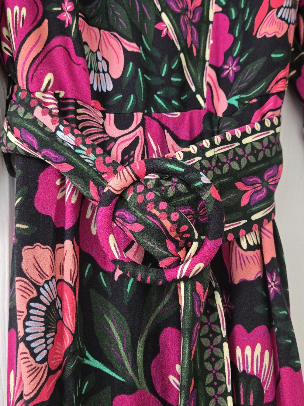 Floral V-Neck Dress in Black with Pink, Coral & Green Blooms - Picture 5 of 7